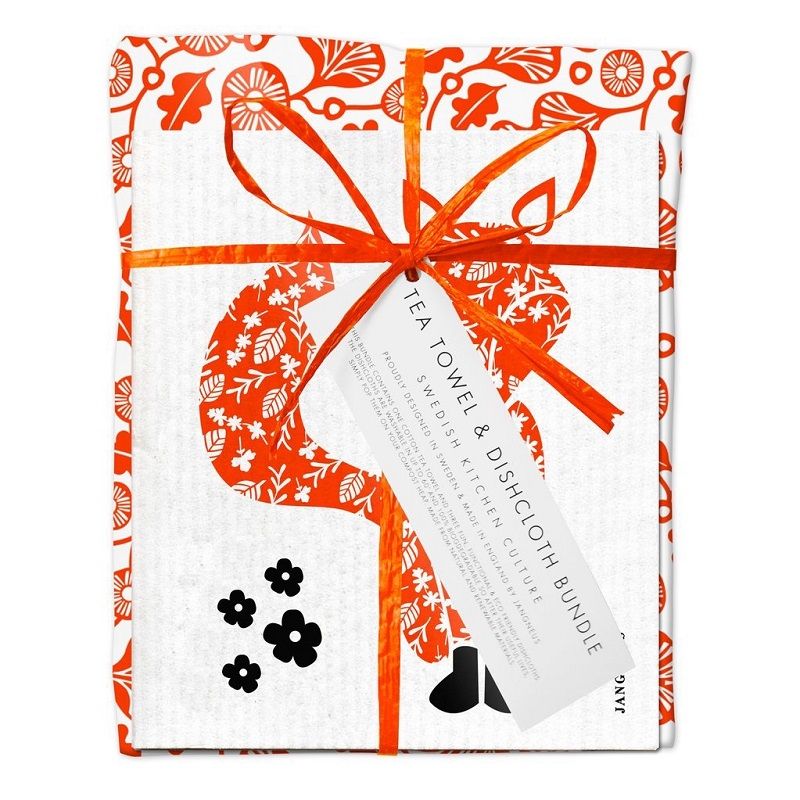 Jangneus Dishcloth and Tea Towel Bundle - Orange Oak Leaf and Orange Fox