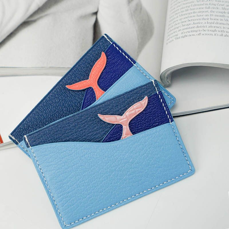 Noir Atelier Handmade Whale Design Leather Card Holder - Blue with Pink Tail