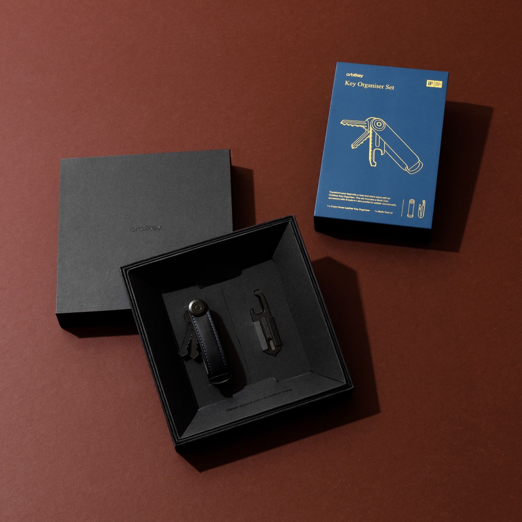 Orbitkey Gift Sets-Black Crazy Horse Leather with Blue Stitching + Multi-Tool v2