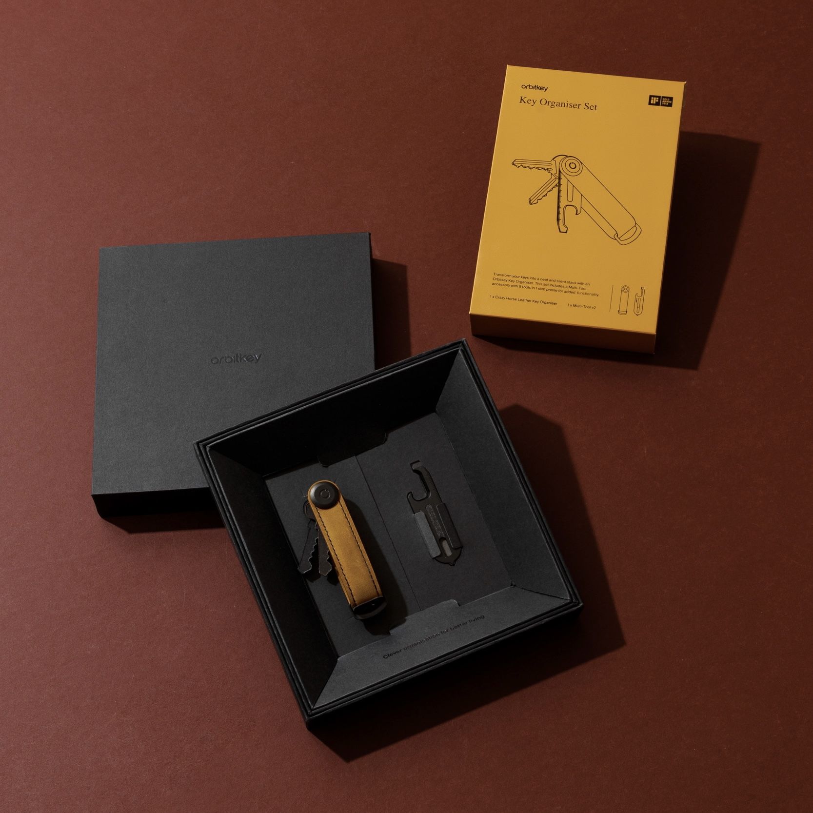 Orbitkey Gift Sets-Chestnut Brown Crazy Horse Leather with Black Stitching + Multi-Tool v2