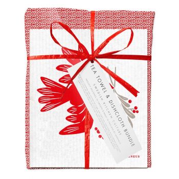 Jangneus Dishcloth and Tea Towel Bundle - Red Leaves & Dove 