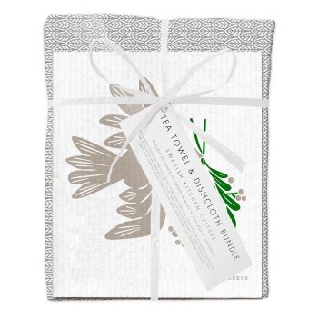 Jangneus Dishcloth and Tea Towel Bundle - Grey Leaves & Dove 